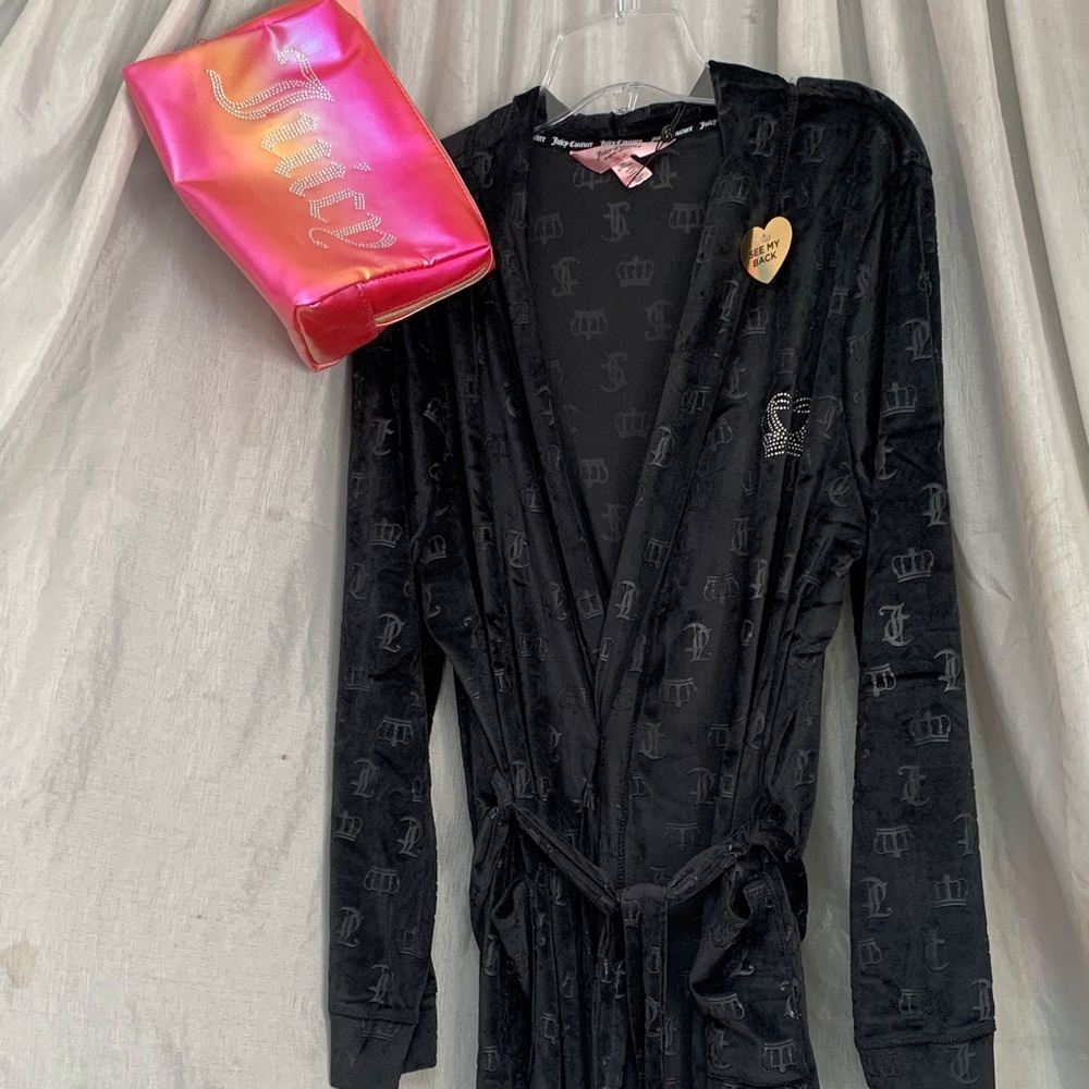 Juicy Couture Black Velour Robe with Crown Monogram